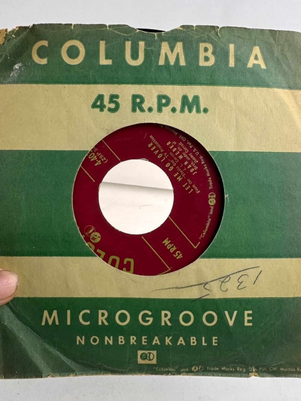 Joan Weber Let Me Go Lover / Marionette 7" 45 RPM Vinyl Columbia 4-40366 1954